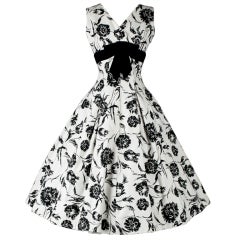 Vintage 1950's Elinor Gay Black White Cotton Floral Dress
