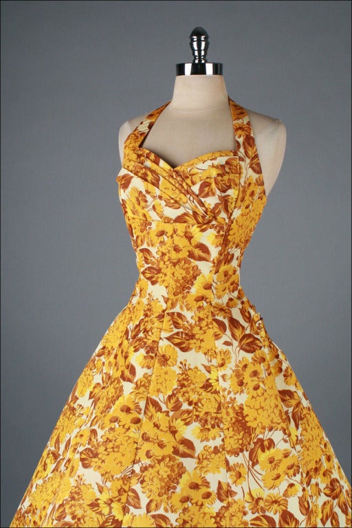 Vintage 1950's Emma Domb Goldenrod Floral Cocktail Dress 3
