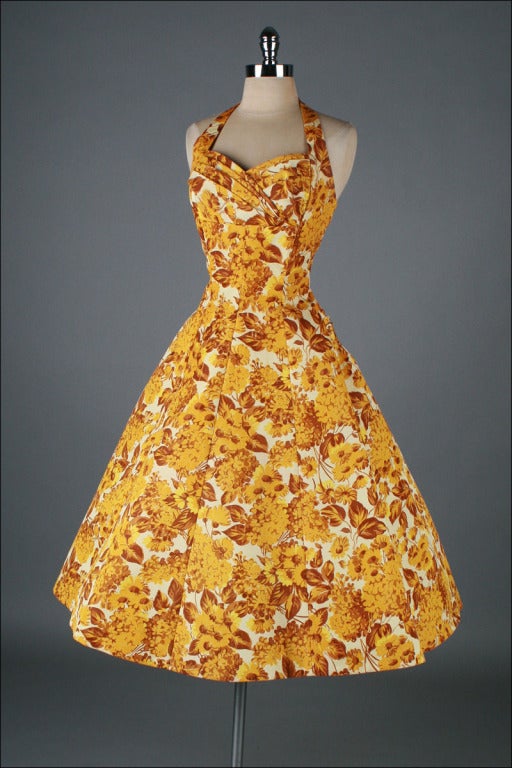 Vintage 1950's Emma Domb Goldenrod Floral Cocktail Dress 4