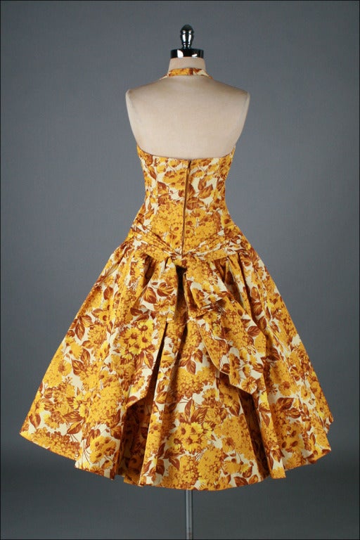 Vintage 1950's Emma Domb Goldenrod Floral Cocktail Dress 5