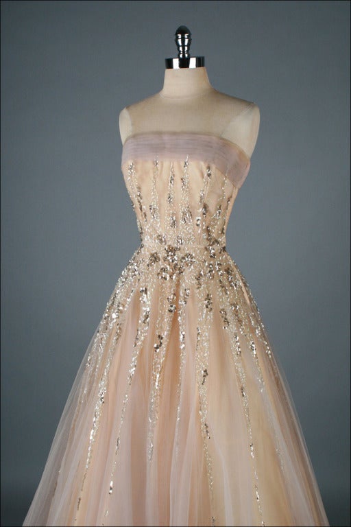 Vintage 1950's Mildred Moore Sequins Tulle Princess Gown 2