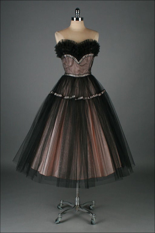Women's Vintage 1950's Emma Domb Pink Black Tulle Cocktail Dress
