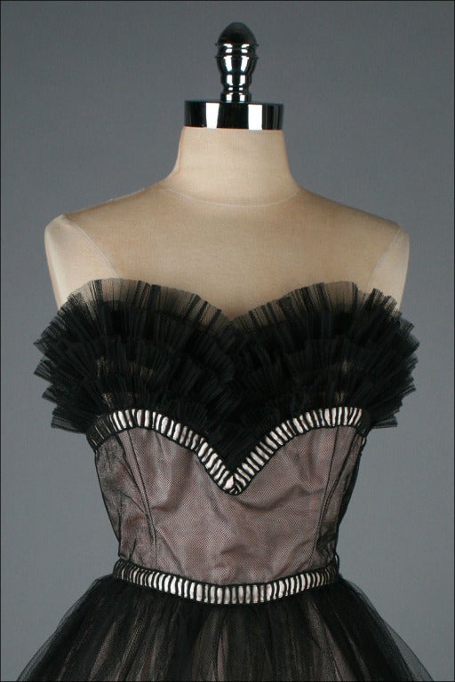Vintage 1950's Emma Domb Pink Black Tulle Cocktail Dress 1