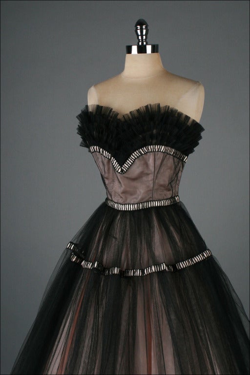Vintage 1950's Emma Domb Pink Black Tulle Cocktail Dress 3
