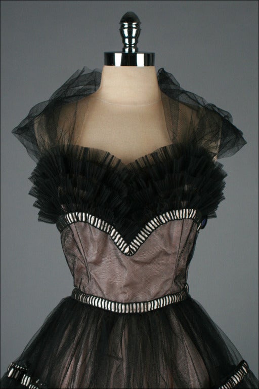 Vintage 1950's Emma Domb Pink Black Tulle Cocktail Dress 4