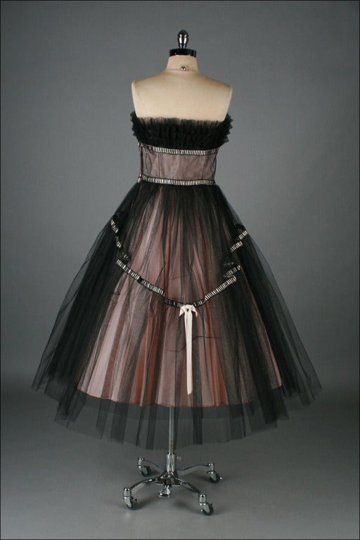 Vintage 1950's Emma Domb Pink Black Tulle Cocktail Dress 5