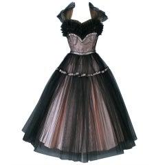 Retro 1950's Emma Domb Pink Black Tulle Cocktail Dress