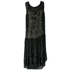 Vintage 1920's Black Silk Crepe Glass Beaded Flapper Dress