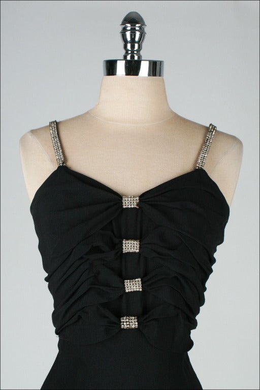 Women's Vintage 1930's Black Rhinestone Rayon Crepe Bias Cut Gown