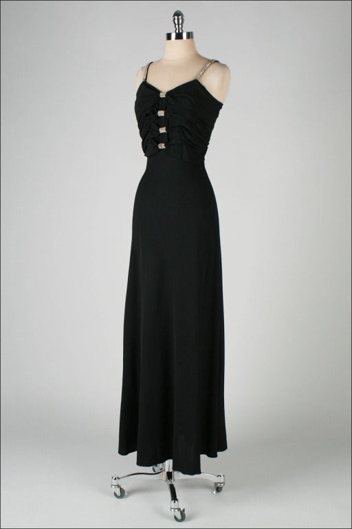 Vintage 1930's Black Rhinestone Rayon Crepe Bias Cut Gown 4