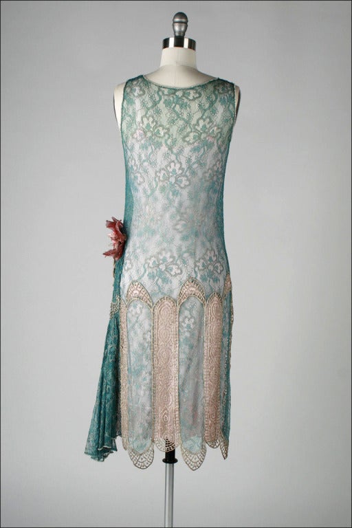 Vintage 1920's Teal Lace Metallic Embroidery Flapper Dress 6