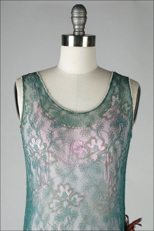 Vintage 1920's Teal Lace Metallic Embroidery Flapper Dress at 1stDibs