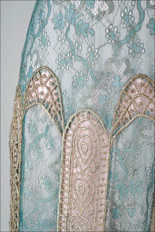 Women's Vintage 1920's Teal Lace Metallic Embroidery Flapper Dress