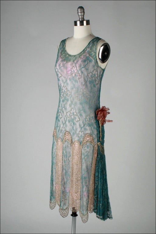Vintage 1920's Teal Lace Metallic Embroidery Flapper Dress 2