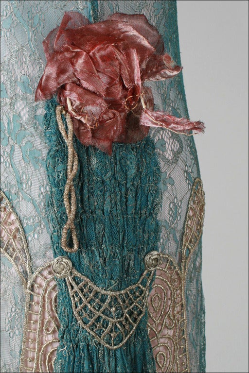 Vintage 1920's Teal Lace Metallic Embroidery Flapper Dress 3
