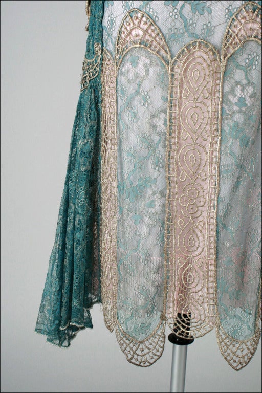 Vintage 1920's Teal Lace Metallic Embroidery Flapper Dress at 1stDibs