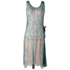 Vintage 1920''s Teal Lace Metallic Embroidery Flapper Dress