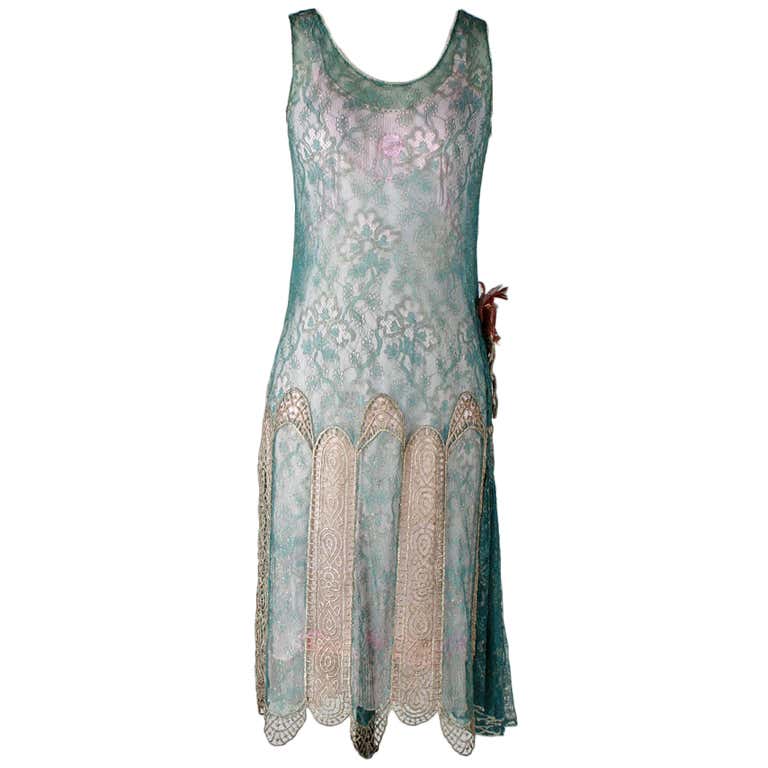 Vintage 1920's Teal Lace Metallic Embroidery Flapper Dress at 1stDibs