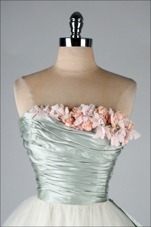 Women's Vintage 1950's Ceil Chapman Silk Satin Millinery Trim Dress