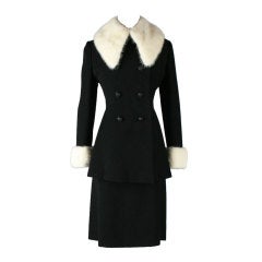 Vintage 1960's Black Wool White Mink Trimmed Dress and Jacket