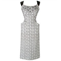 Vintage 1950's White Linen Black Embroidery Cocktail Dress