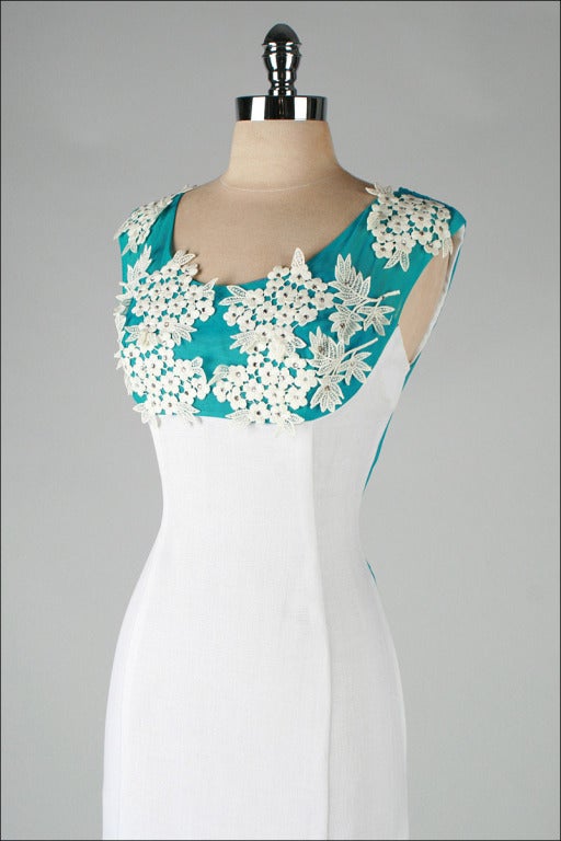 Vintage 1950's White Turquoise Linen Macrame Lace Cocktail Dress 1