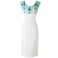 Vintage 1950's White Turquoise Linen Macrame Lace Cocktail Dress