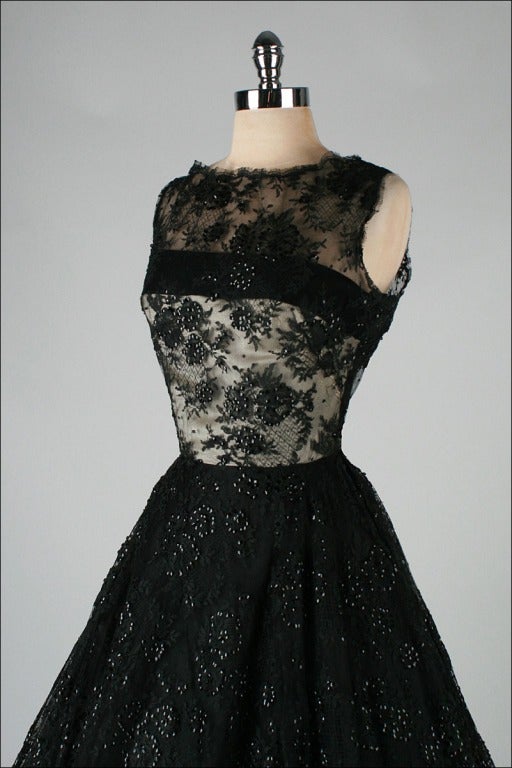 Vintage 1950's Harvey Berin Black Chantilly Lace Cocktail Dress For Sale 2