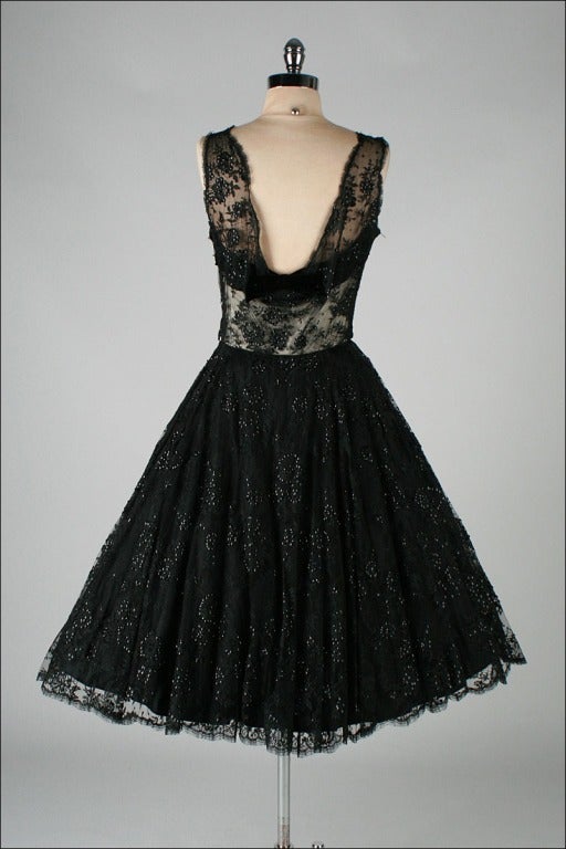 Vintage 1950's Harvey Berin Black Chantilly Lace Cocktail Dress For Sale 6