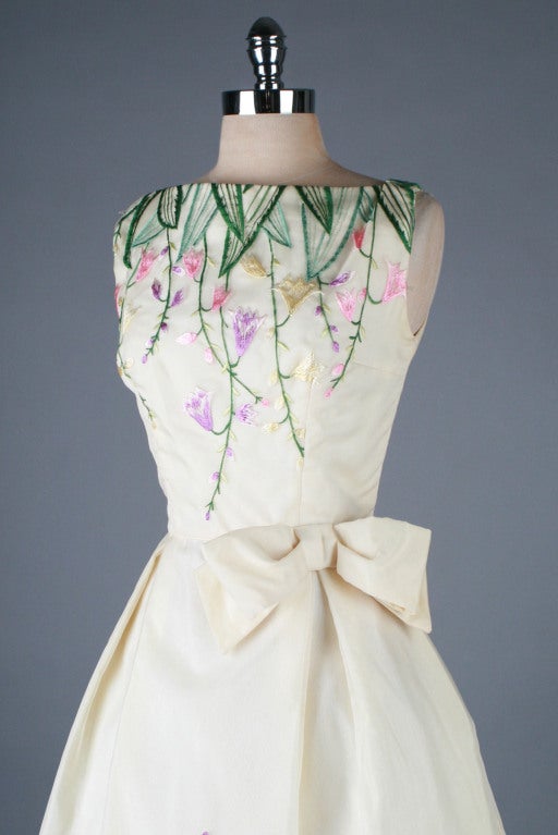 1950's Ivory Organza Embroidered Flower Garden Cocktail Dress 1