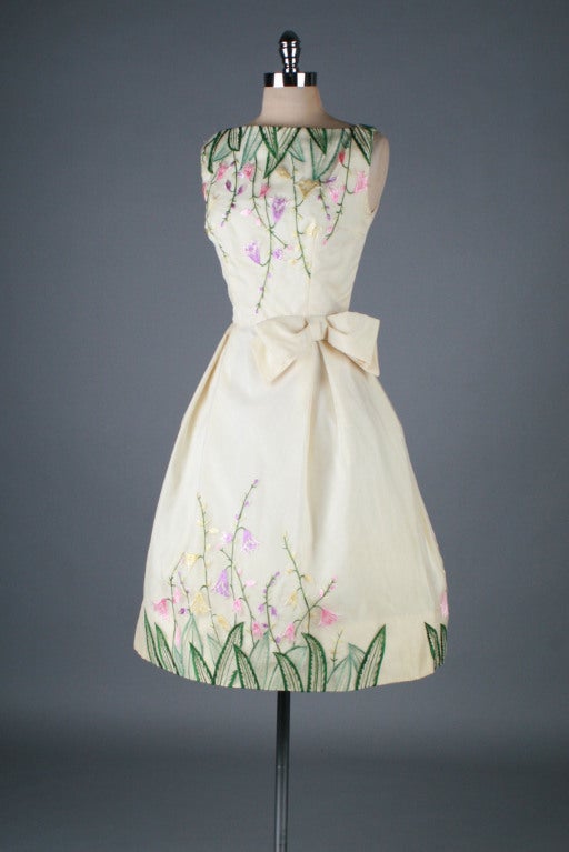 1950's Ivory Organza Embroidered Flower Garden Cocktail Dress 3