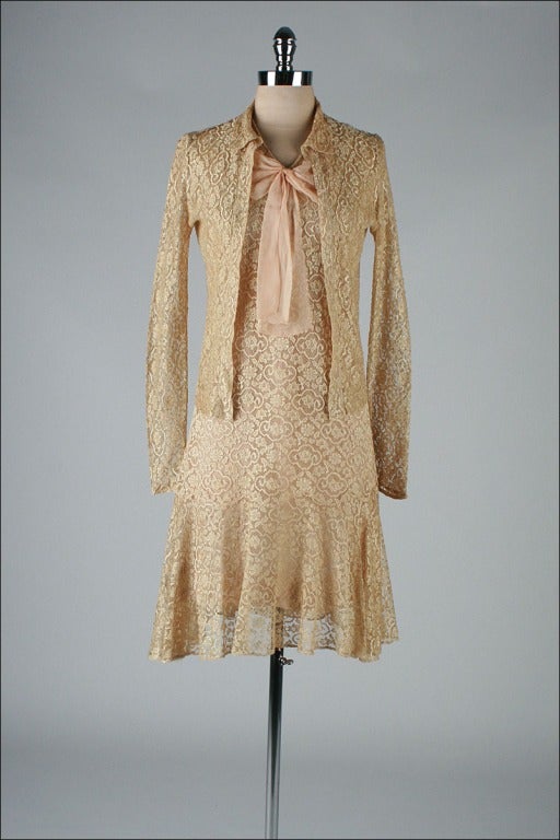 Vintage 1920's Taupe Lace Dress and Jacket In Excellent Condition In Hudson on the Saint Croix, WI