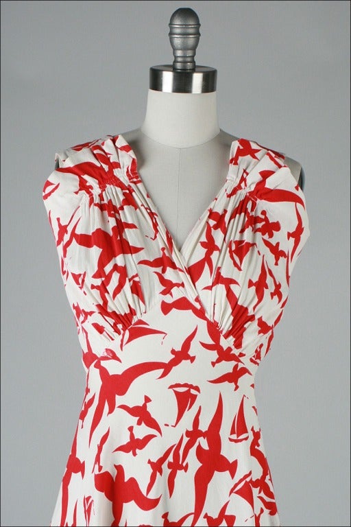 Vintage 1930's Red Birds Nautical Print Cotton Faille Dress at 1stDibs