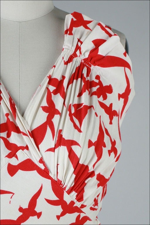 Vintage 1930's Red Birds Nautical Print Cotton Faille Dress at 1stDibs