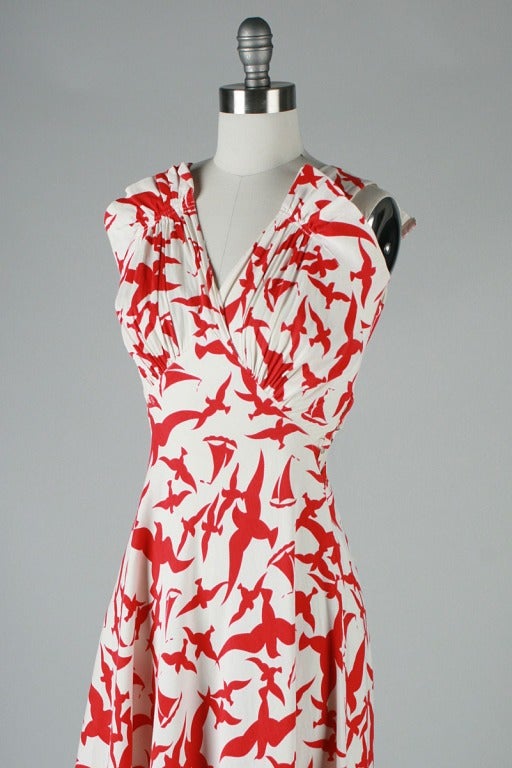Vintage 1930's Red Birds Nautical Print Cotton Faille Dress at 1stDibs