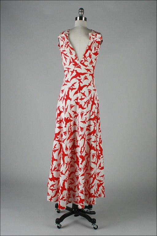Vintage 1930's Red Birds Nautical Print Cotton Faille Dress at 1stDibs