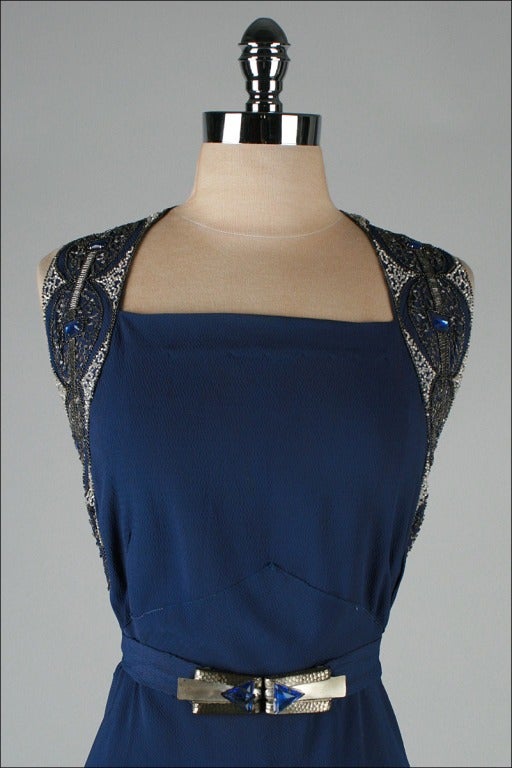 Vintage 1930's Petrol Blue Jeweled Bias Gown with Belt In Excellent Condition In Hudson on the Saint Croix, WI