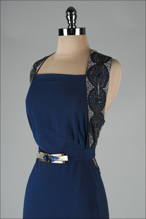 Women's Vintage 1930's Petrol Blue Jeweled Bias Gown with Belt