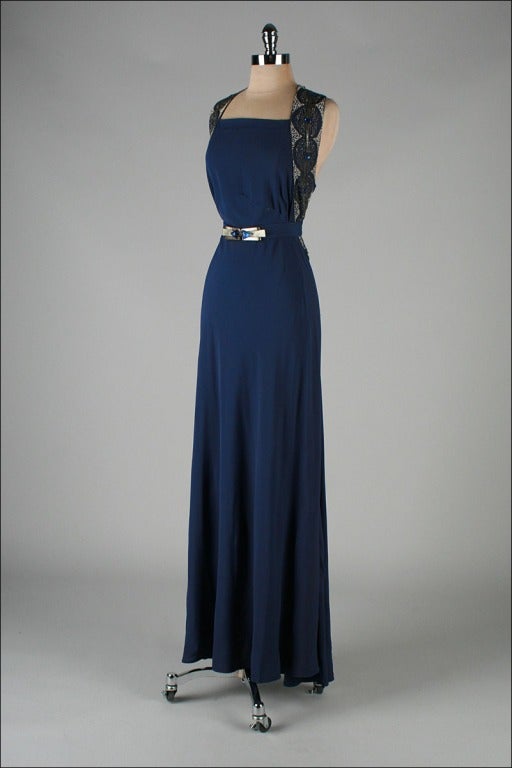 Vintage 1930's Petrol Blue Jeweled Bias Gown with Belt 1