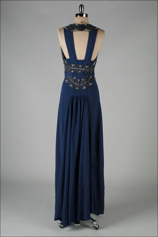 Vintage 1930's Petrol Blue Jeweled Bias Gown with Belt 2