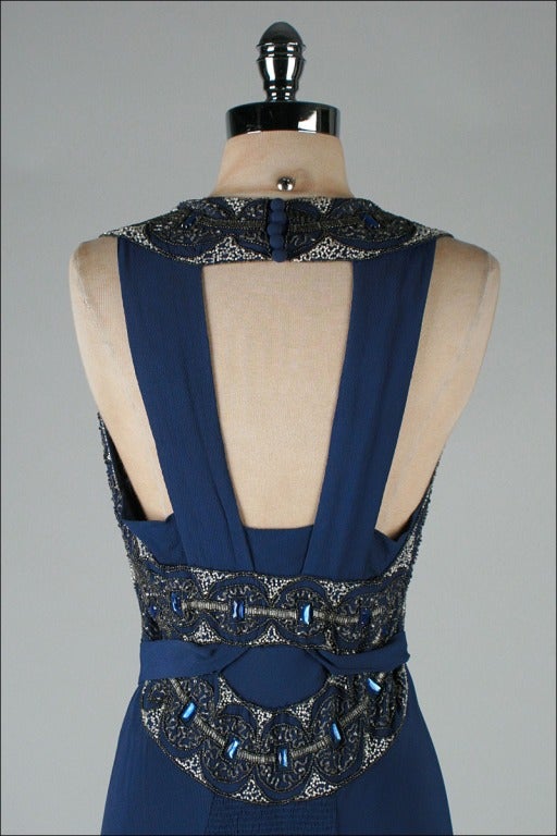 Vintage 1930's Petrol Blue Jeweled Bias Gown with Belt 3