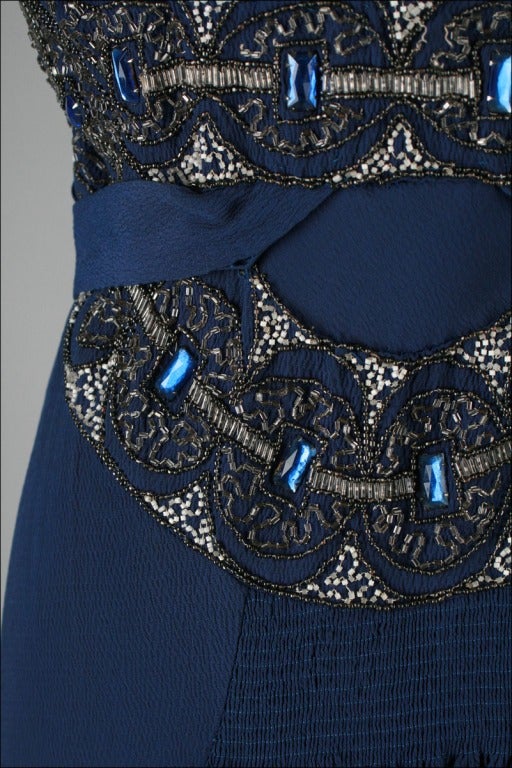 Vintage 1930's Petrol Blue Jeweled Bias Gown with Belt 5