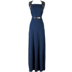 Vintage 1930's Petrol Blue Jeweled Bias Gown with Belt