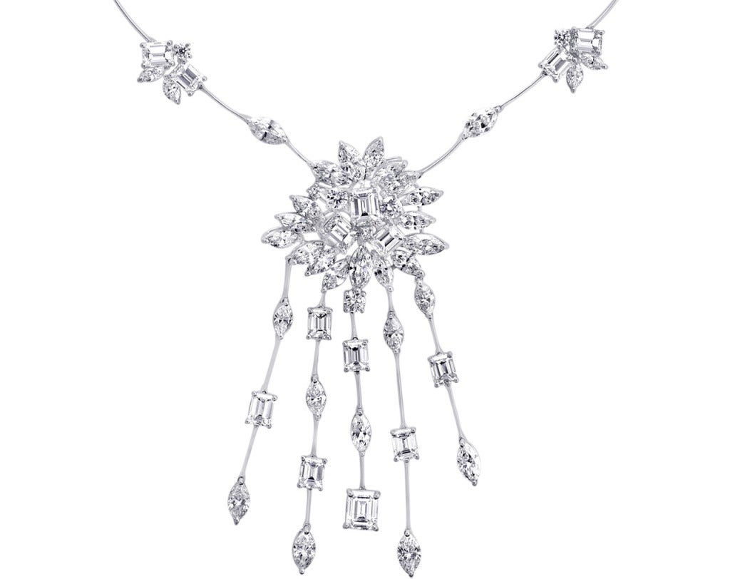 Link necklace set in 18k White Gold. 23.93 carats of various-cut diamonds.  The contrast from the step cut Emerald-cuts and the brilliant Marquise-shape is extremely magnificent in this contemporary necklace