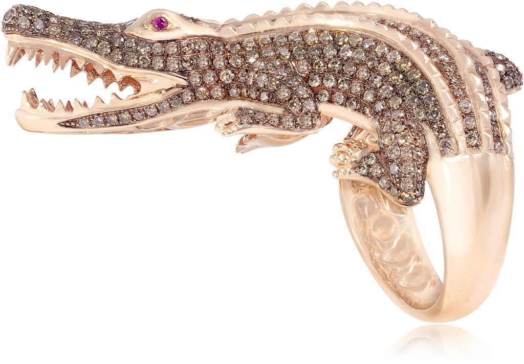 Alligator Pink Gold Diamond and Ruby Cocktail Ring In New Condition In Palm Beach, FL