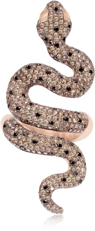 Snake Ring, Brown And White Diamonds, 3.69ct. 

Ring, 0.62 carat round-cut black diamonds, 3.07 carat round-cut brown diamonds. Set in 18k rose gold.