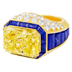 12.24 Carat Radiant-Cut Yellow Diamond Sapphire Diamond Ring