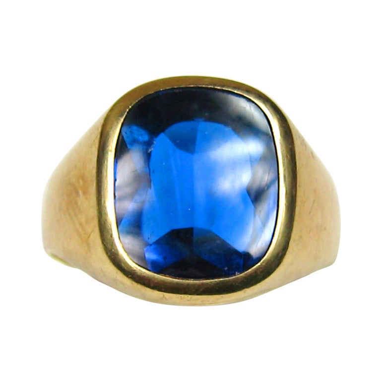 Mid Century Blue Beryl Gold Gentleman Ring