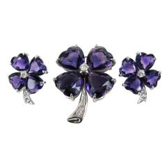 Stunning 1960s Amethyst Diamond Platinum Clover Parure 7