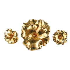 Vintage Handmade Gold Pansy Parure Brooch and Earrings Set